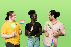 Three young people holding headspace and rainbow flags