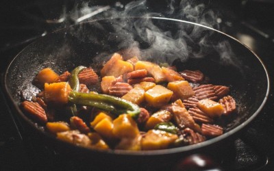 Skillet of food cooking